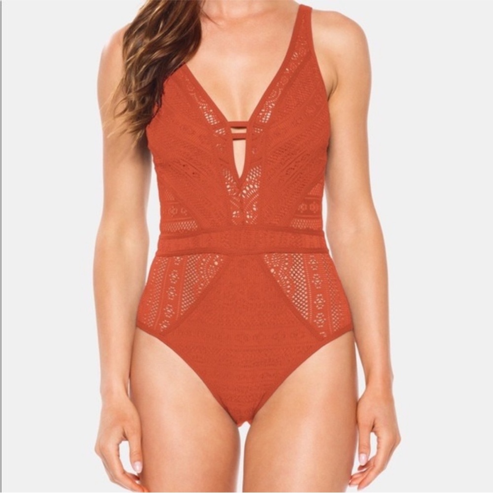 BECCA One-Piece burnt orange crotchet Swimsuit sexy vacation romantic XL boho